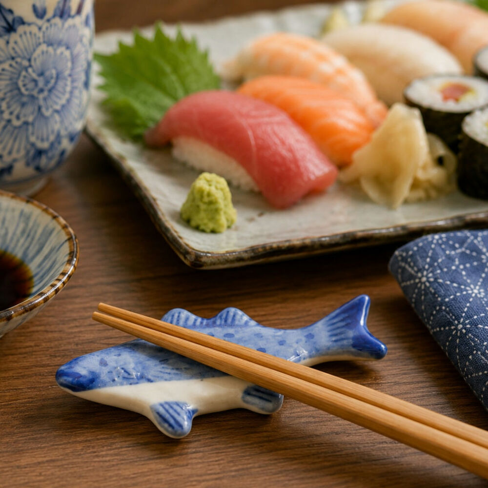 Vintage Blue & White Fish Chopstick Rests (Set of 4) | Ceramic Sushi Tableware